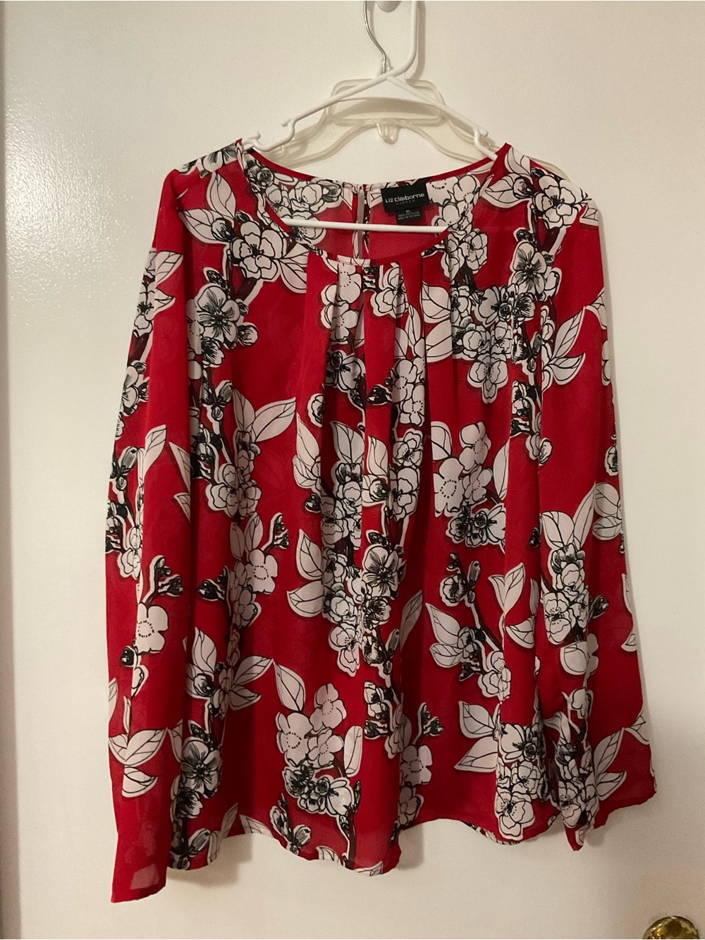 Liz Claiborne Red Floral Print Long-Sleeve Blouse